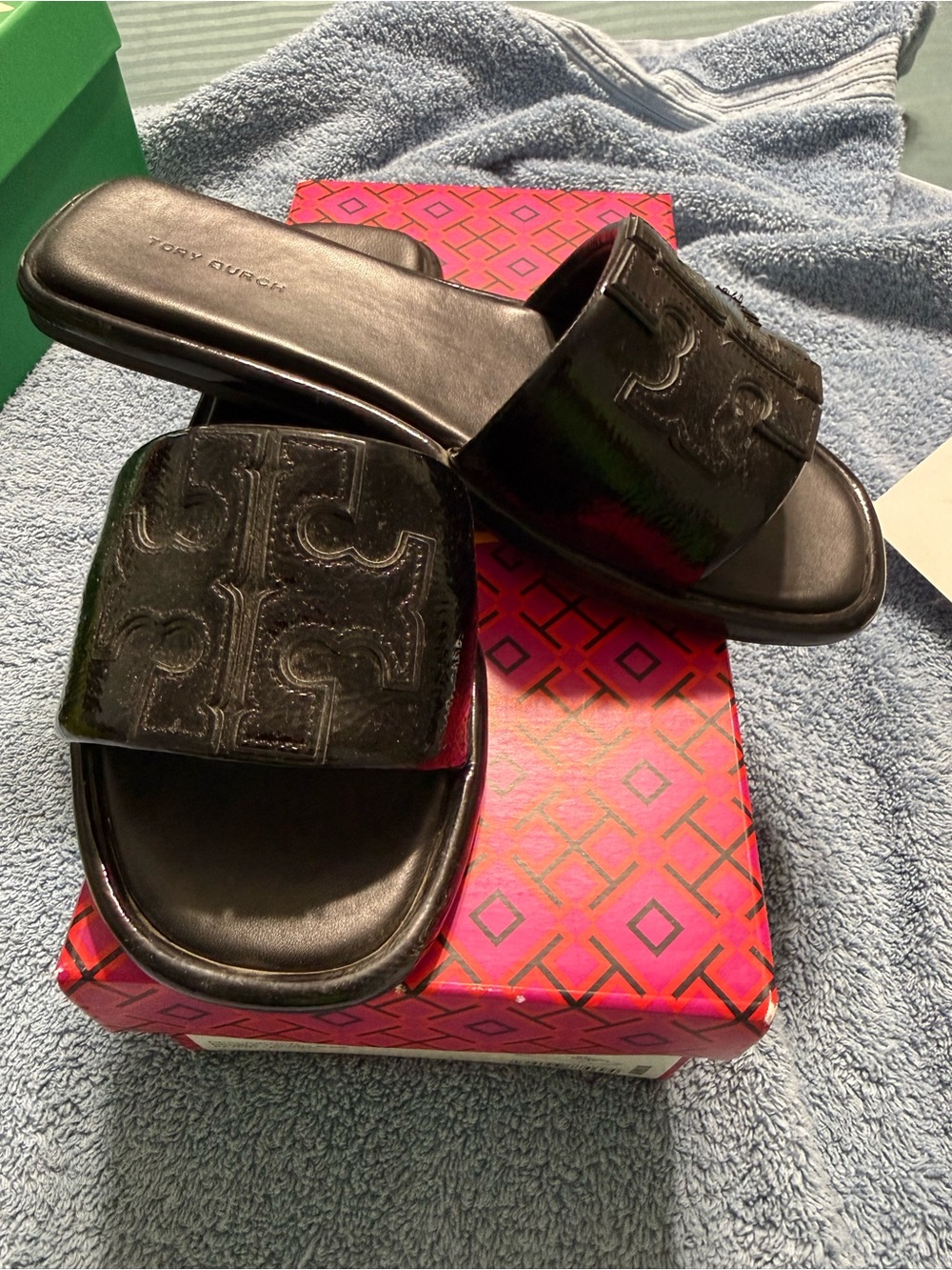 Tory Burch Black Patent Logo Slide Sandals